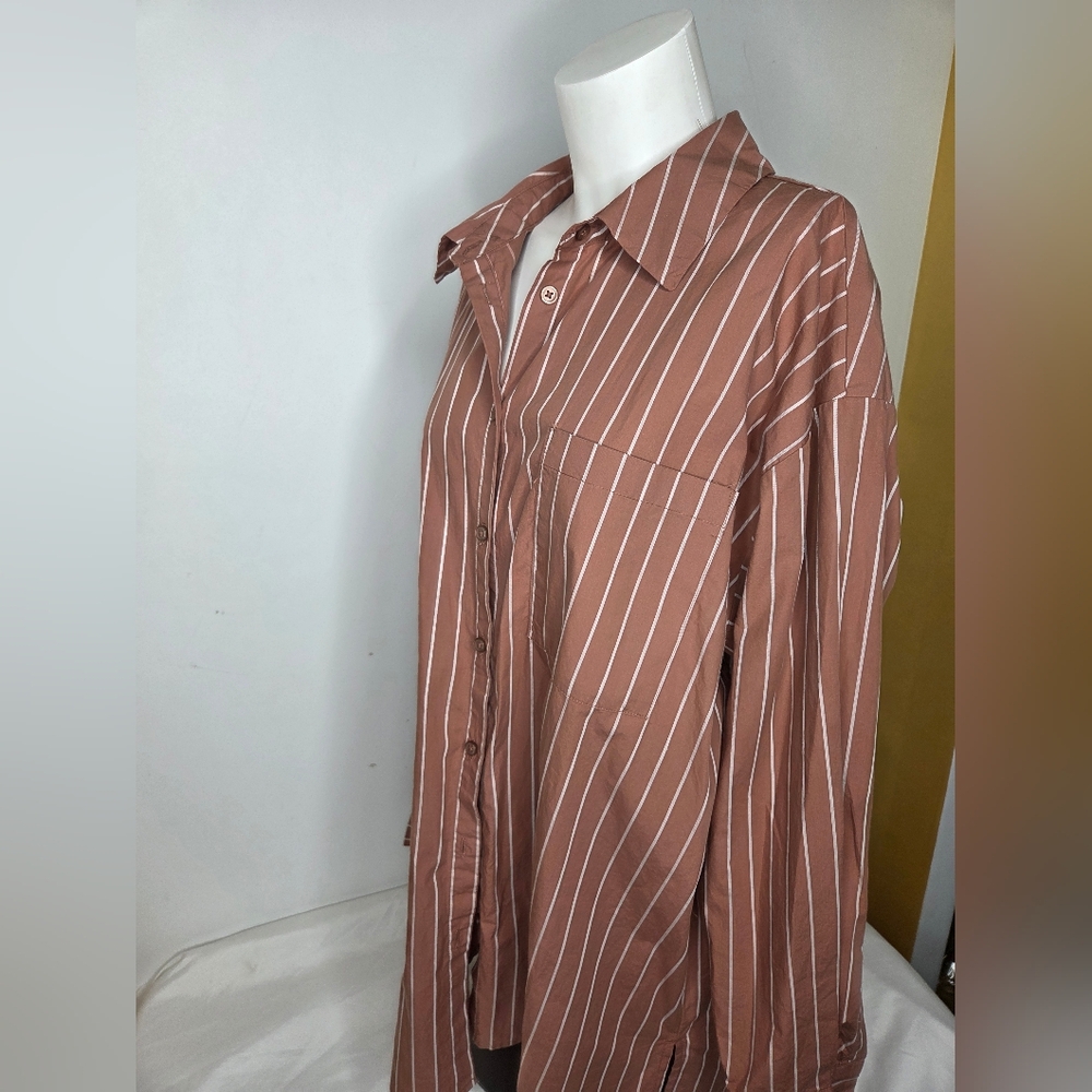 A New Day Size XL Striped Oversized Shirt Brown W/babypink Stripes - Picture 3 of 12
